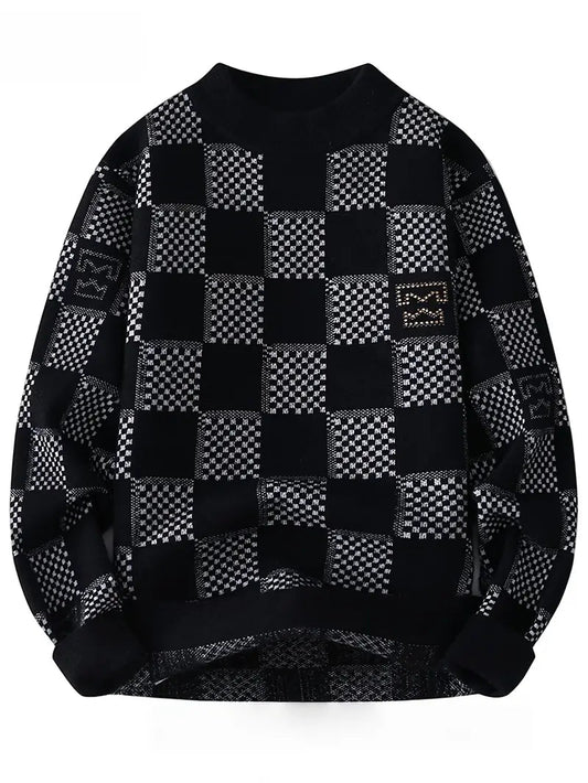 Geometric Checkered Knit Sweater – Black Patterned Crewneck Pullover