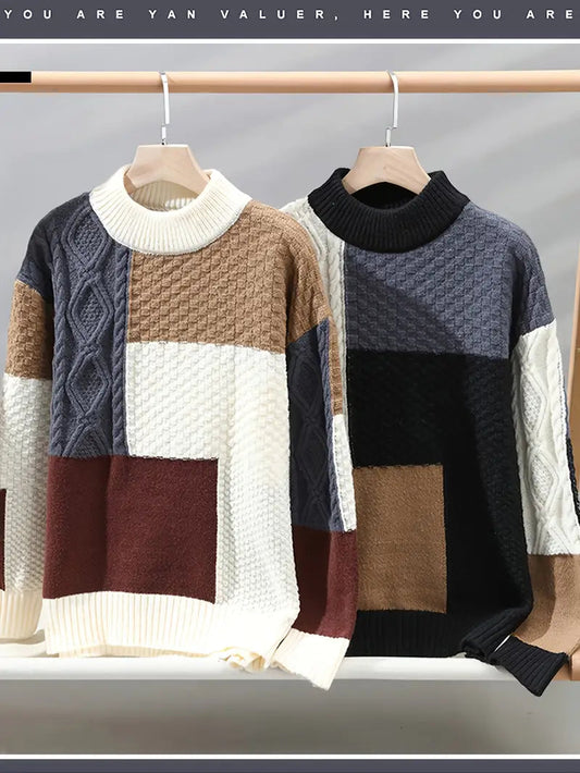 Color Block Cable Knit Sweater – Patchwork Crewneck Pullover