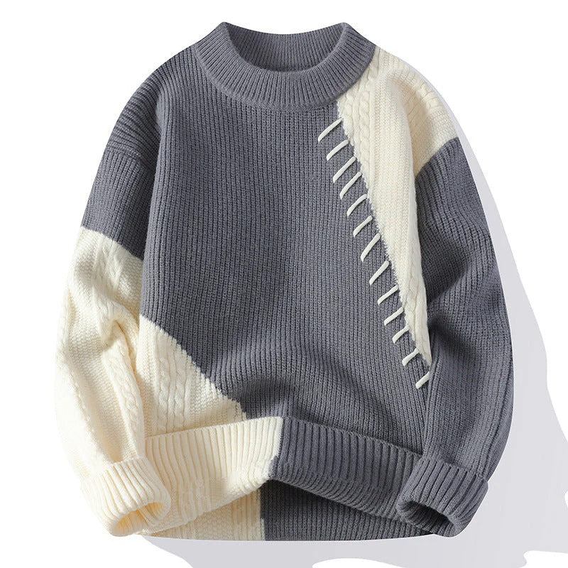 Men’s Color Block Cable Knit Sweater – Grey & White Winter Pullover