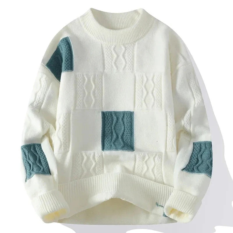 Men’s Patchwork Cable Knit Sweater – White Winter Crewneck Pullover