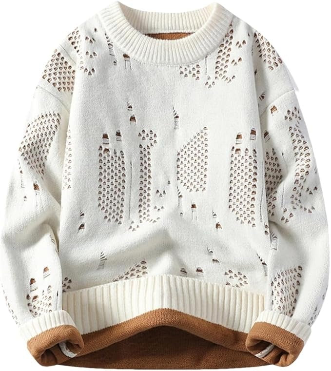 Men’s Distressed Knit Sweater – White Textured Crewneck Winter Pullover