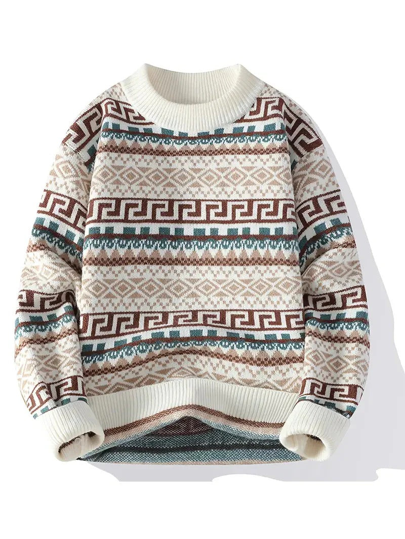 Men’s Ethnic Pattern Knit Sweater – Vintage Winter Crewneck Pullover
