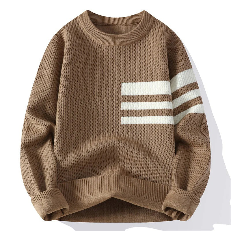 Men’s Ribbed Knit Sweater with White Stripe Detail – Brown