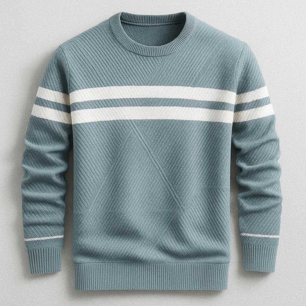 Men’s Crewneck Knit Sweater – Light Blue Winter Pullover with Stripe Design