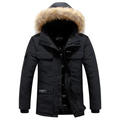 Men’s Fur Hooded Winter Parka Jacket – Black Heavy Warm Coat