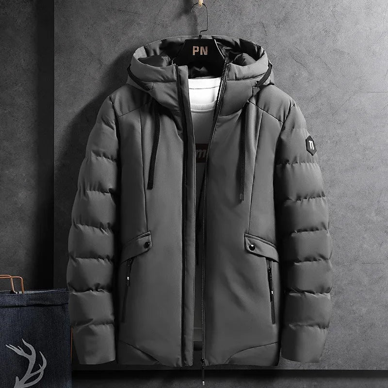 Men’s Hooded Puffer Jacket – Grey Winter Jacket with Warm Padding