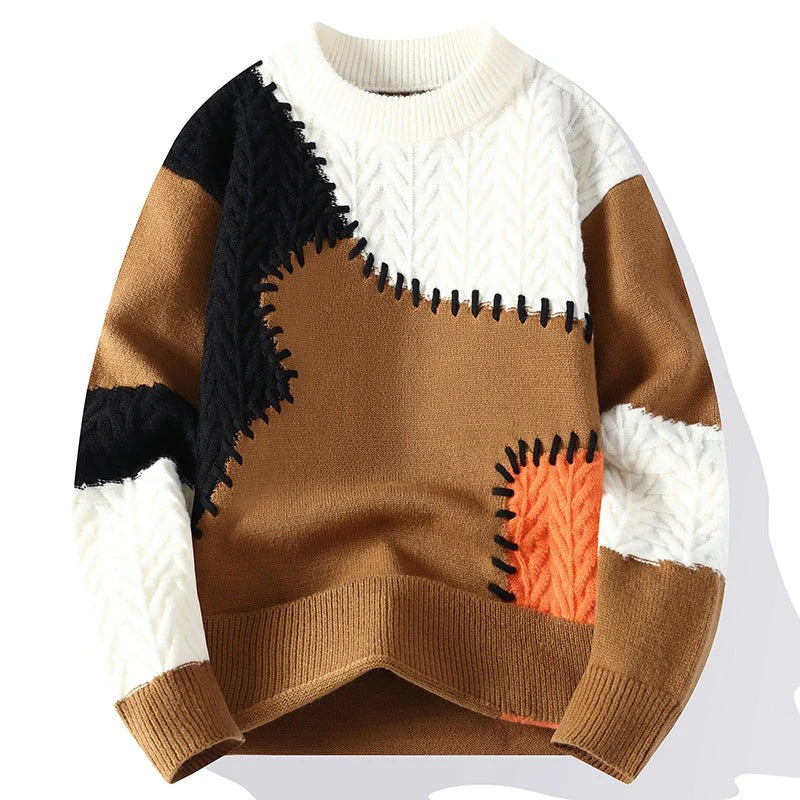 Men’s Patchwork Knit Sweater with Contrast Stitching – Brown & White