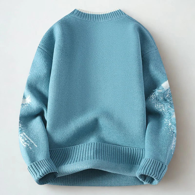 Men’s Distressed Knit Sweater – Sky Blue Winter Crewneck Pullover