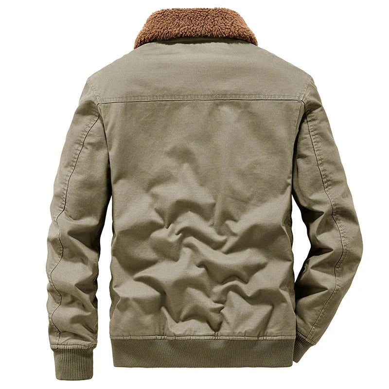 Men’s Fleece-Lined Bomber Jacket – Olive Green Winter Military Jacket