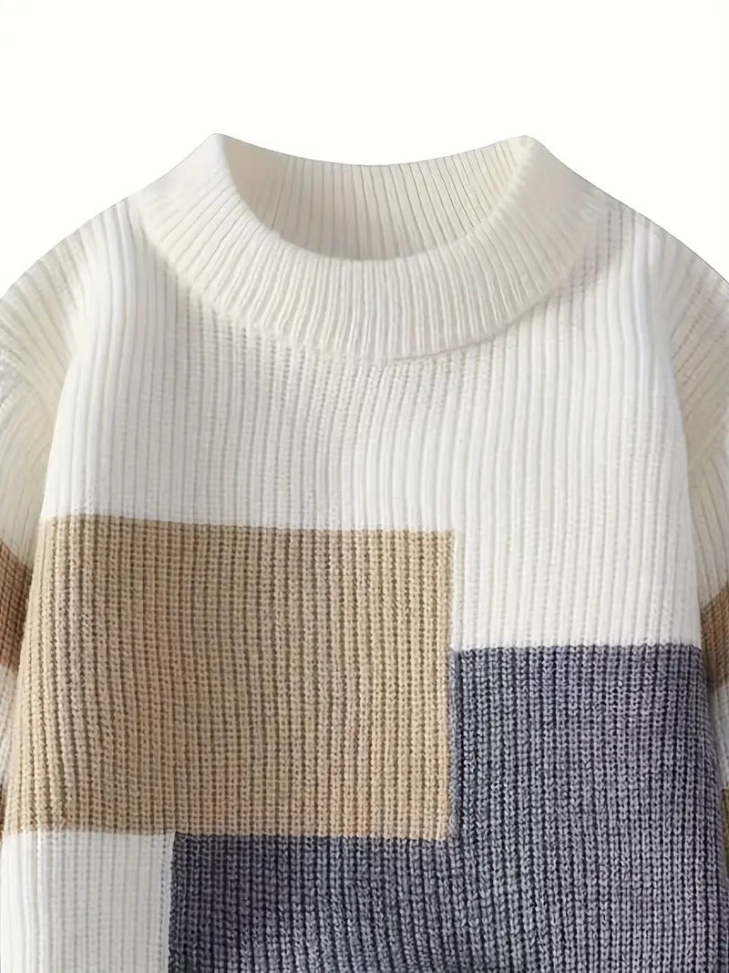 Men’s Color Block Ribbed Knit Sweater – Cream, Beige & Grey