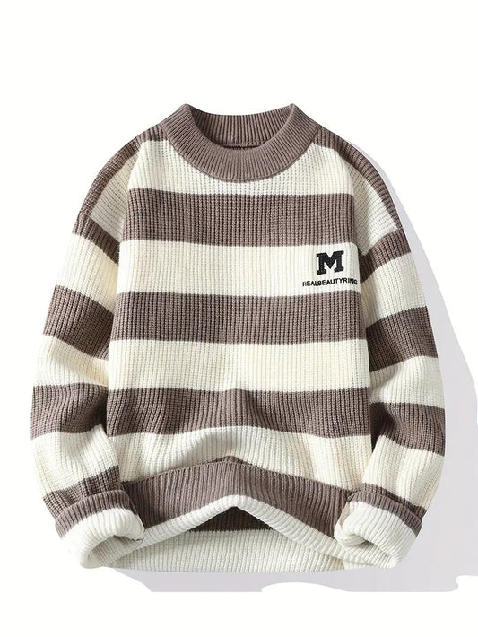 Menโs Striped Knit Sweater โ Blue & White Crewneck Winter Pullover