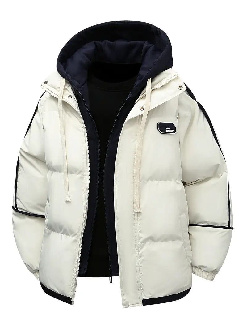 Men’s Hooded Puffer Jacket – Black & White Winter Jacket with Warm Padding