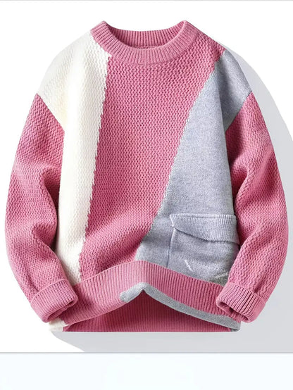 Color Block Knit Sweater – Pink Patchwork Crewneck Pullover