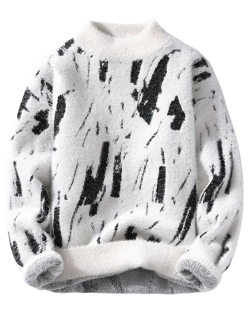 Abstract Knit Sweater – White & Black Patterned Crewneck Pullover