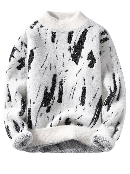 Abstract Knit Sweater – White & Black Patterned Crewneck Pullover
