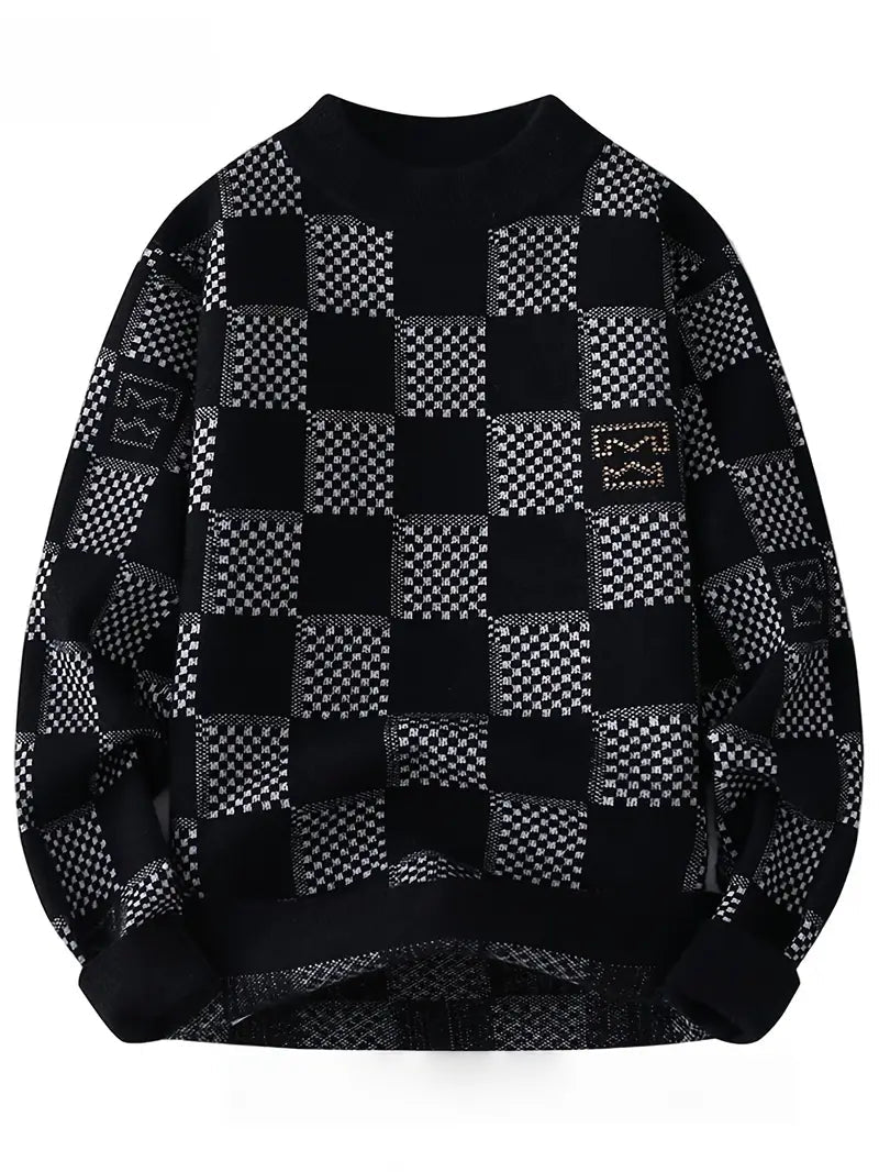 Geometric Checkered Knit Sweater – Black Patterned Crewneck Pullover