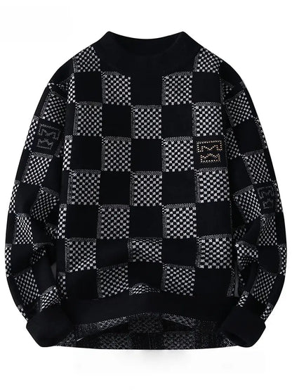 Geometric Checkered Knit Sweater – Black Patterned Crewneck Pullover