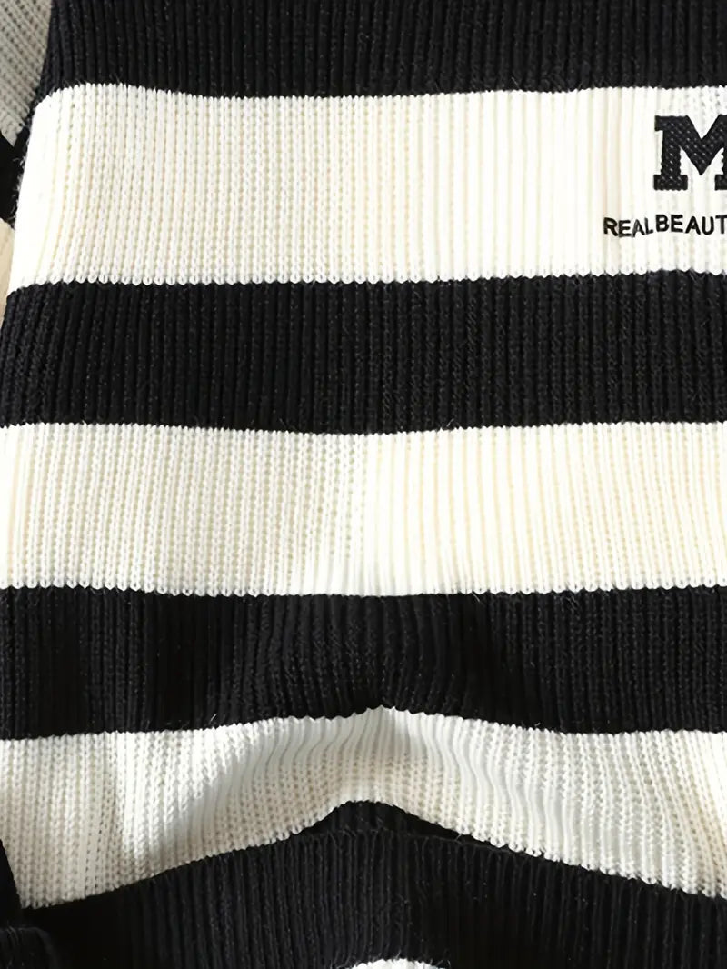 Striped Knit Sweater – Black & White Crewneck Pullover