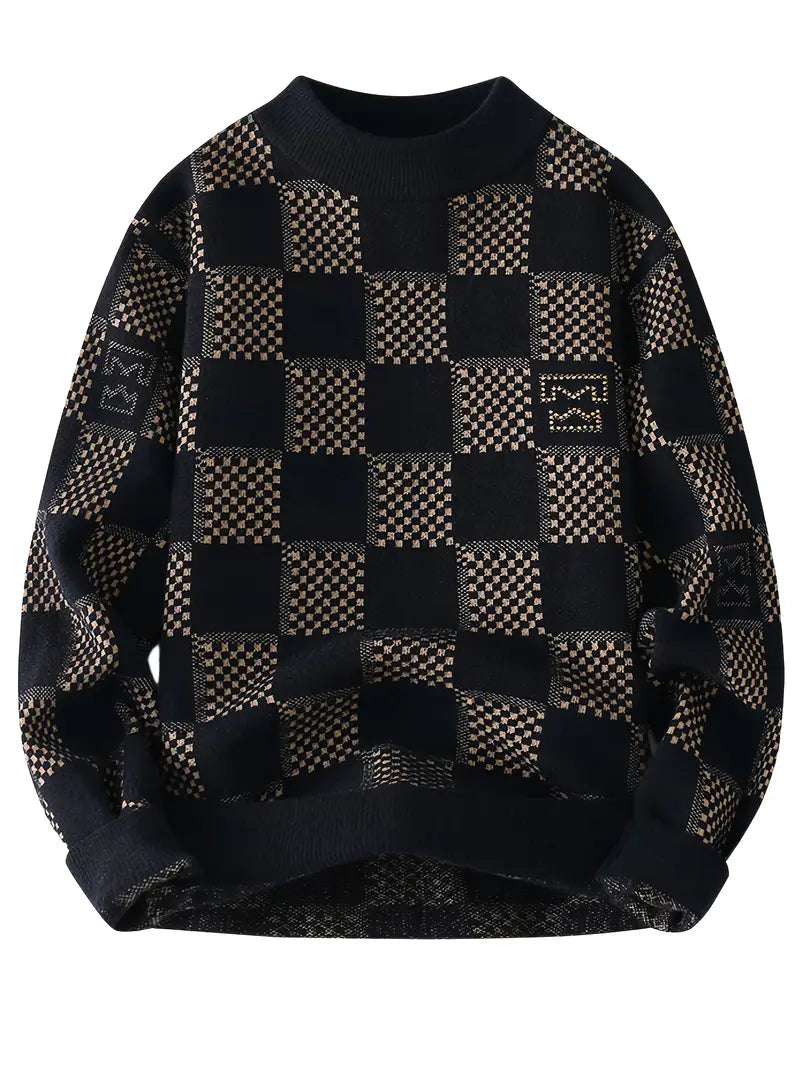 Geometric Checkered Knit Sweater – Black Patterned Crewneck Pullover