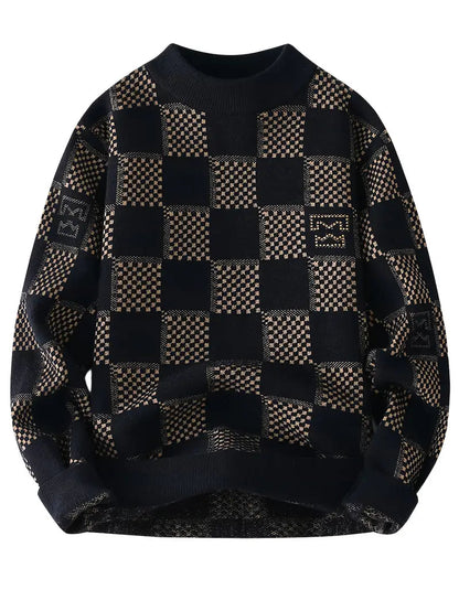 Geometric Checkered Knit Sweater – Black Patterned Crewneck Pullover