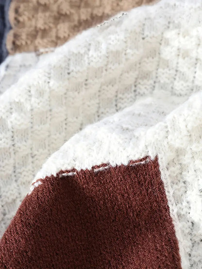 Color Block Cable Knit Sweater – Patchwork Crewneck Pullover