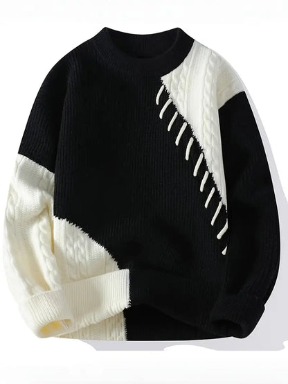 Patchwork Cable Knit Sweater – Contrast Crewneck Pullover