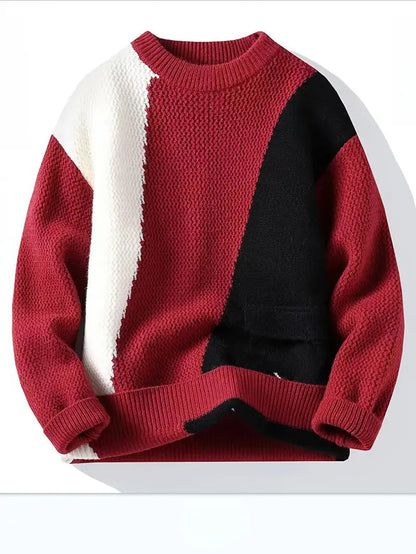 Color Block Knit Sweater – Pink Patchwork Crewneck Pullover
