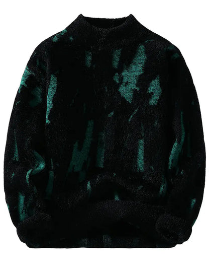 Abstract Knit Sweater – White & Black Patterned Crewneck Pullover