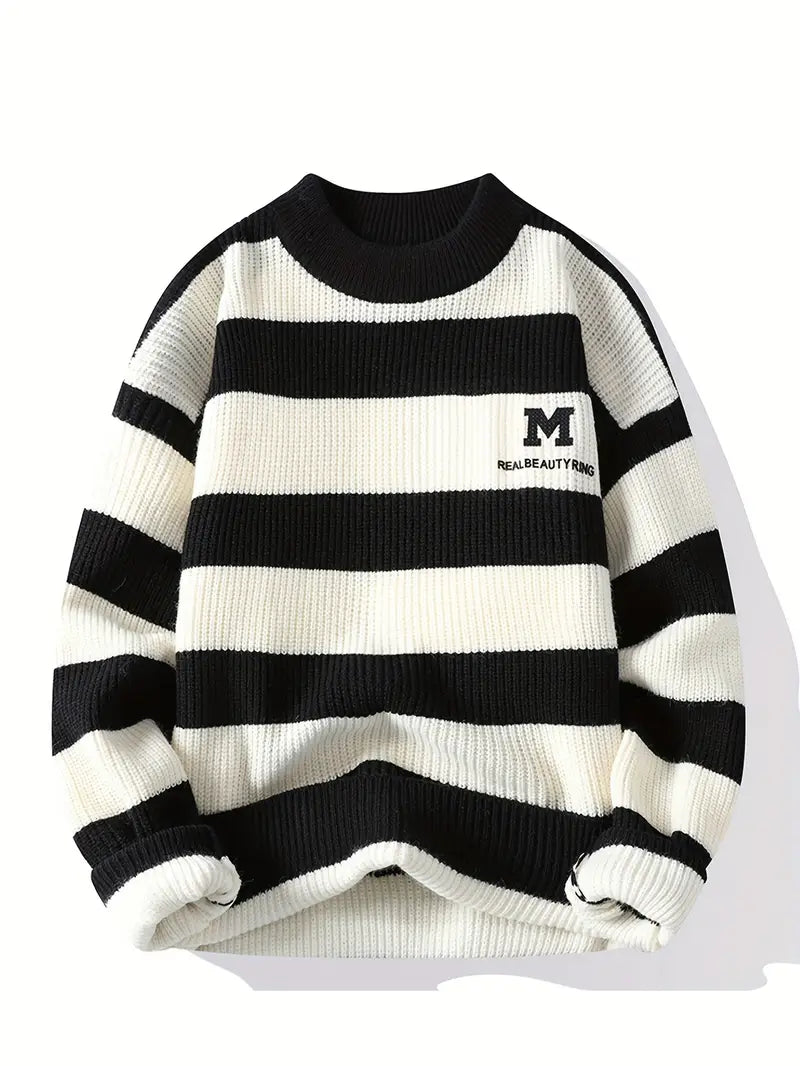 Striped Knit Sweater – Black & White Crewneck Pullover
