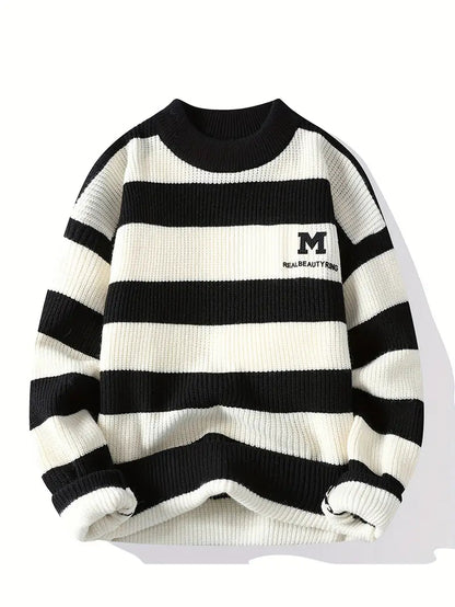 Striped Knit Sweater – Black & White Crewneck Pullover