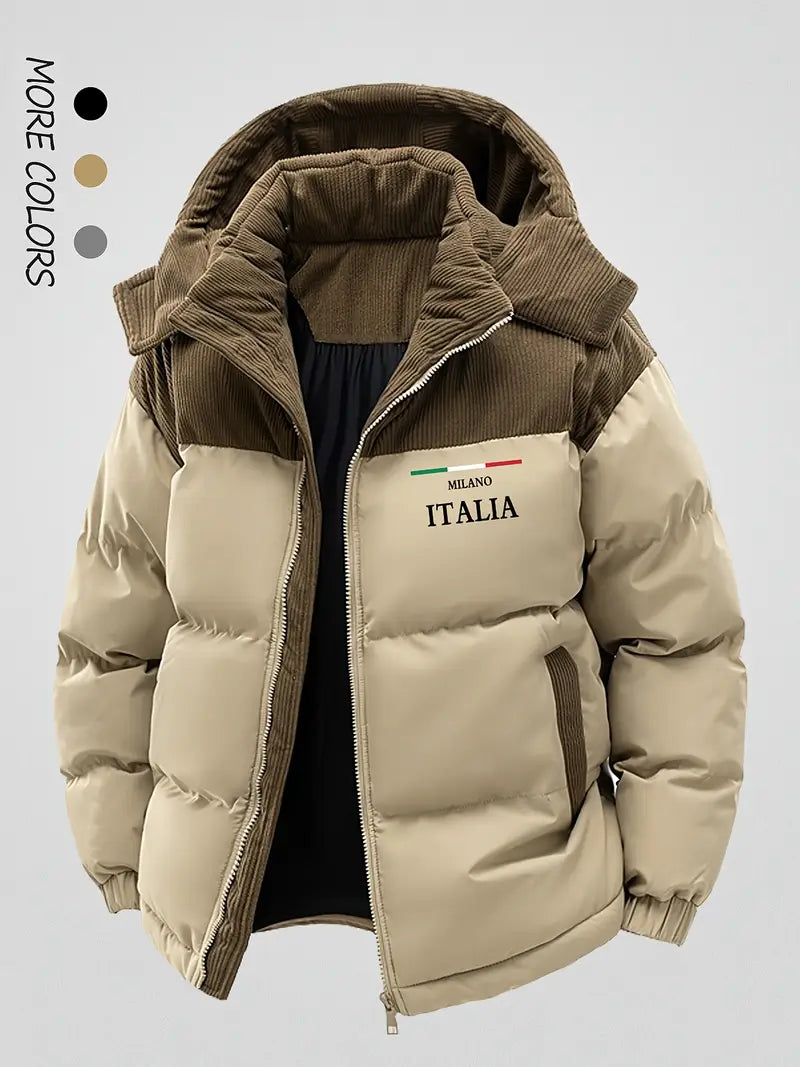 Italia Puffer Jacket – Hooded Quilted Winter Coat with Corduroy Panel