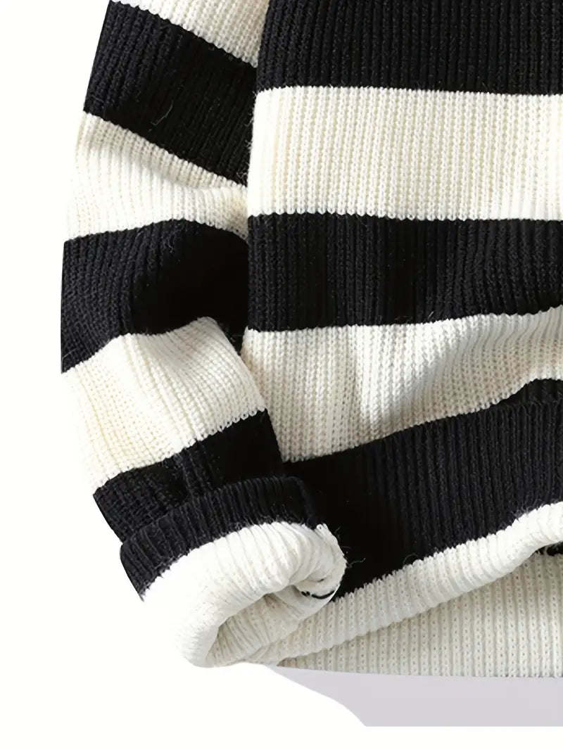 Striped Knit Sweater – Black & White Crewneck Pullover