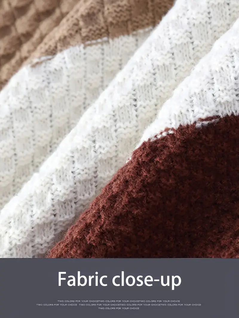 Color Block Cable Knit Sweater – Patchwork Crewneck Pullover