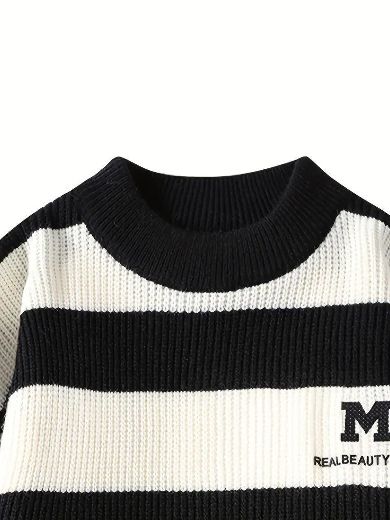 Striped Knit Sweater – Black & White Crewneck Pullover