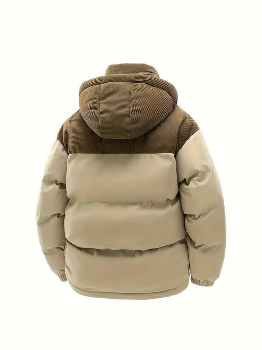 Italia Puffer Jacket – Hooded Quilted Winter Coat with Corduroy Panel