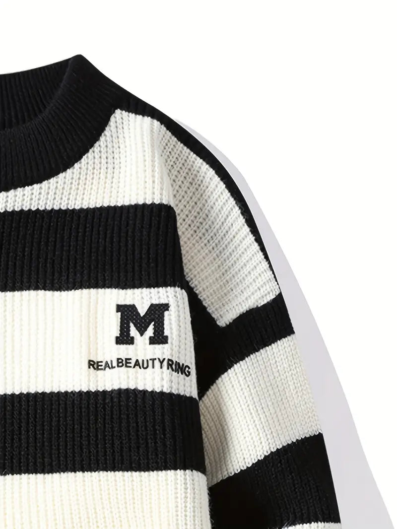 Striped Knit Sweater – Black & White Crewneck Pullover