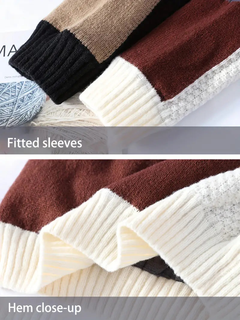 Color Block Cable Knit Sweater – Patchwork Crewneck Pullover
