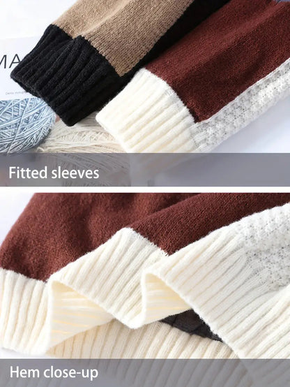 Color Block Cable Knit Sweater – Patchwork Crewneck Pullover