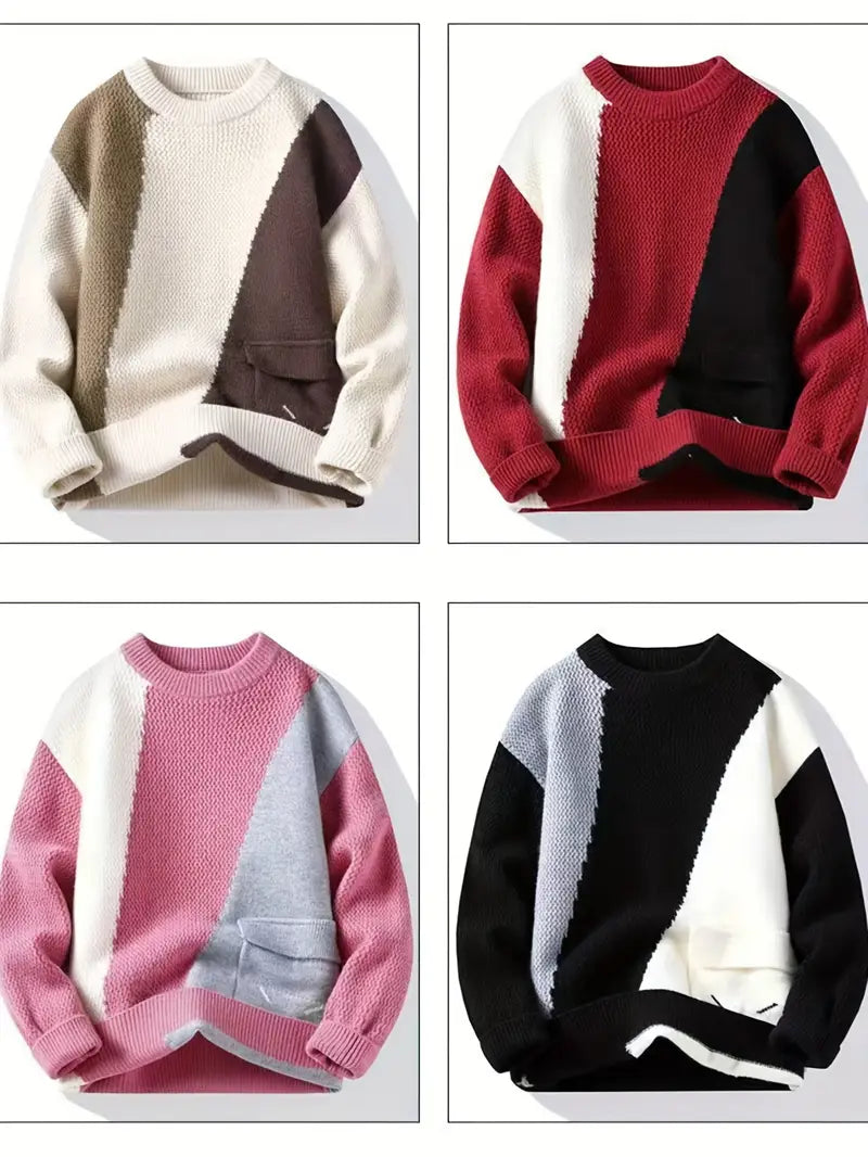 Color Block Knit Sweater – Pink Patchwork Crewneck Pullover
