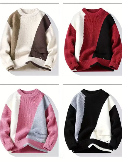 Color Block Knit Sweater – Pink Patchwork Crewneck Pullover