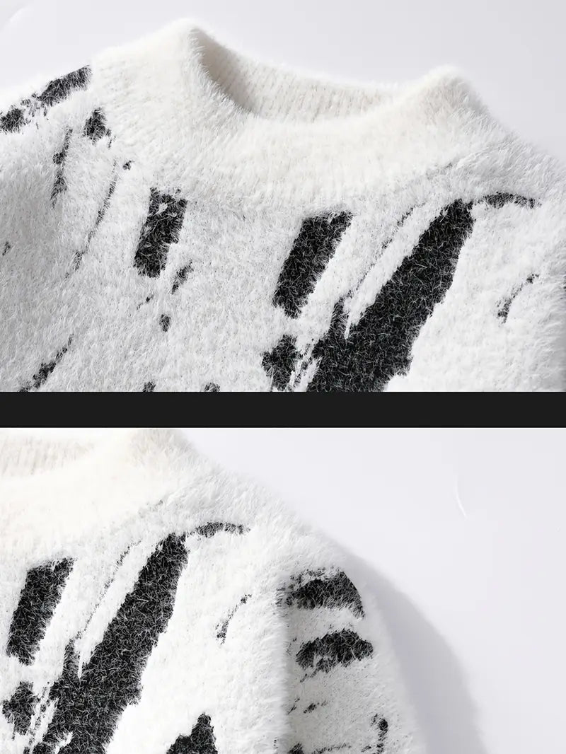 Abstract Knit Sweater – White & Black Patterned Crewneck Pullover