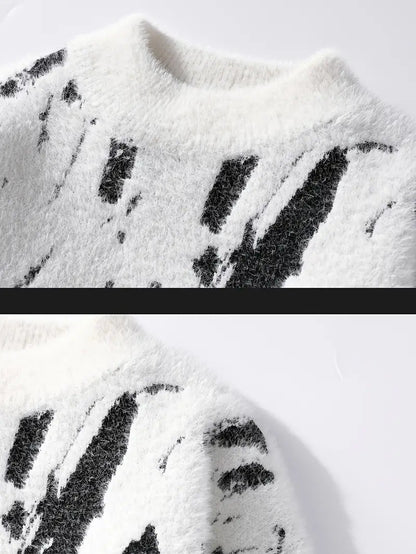 Abstract Knit Sweater – White & Black Patterned Crewneck Pullover