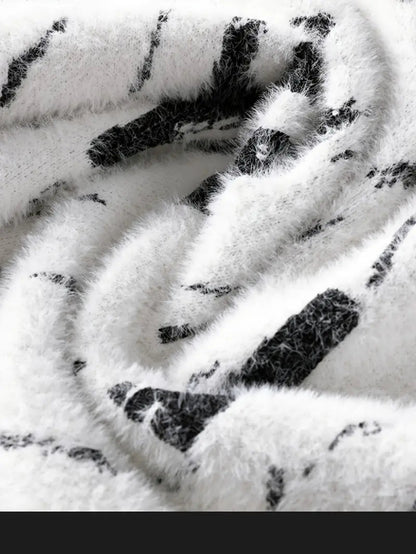 Abstract Knit Sweater – White & Black Patterned Crewneck Pullover