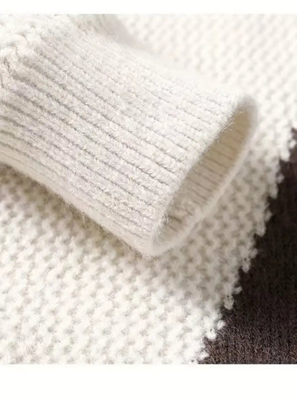 Color Block Knit Sweater – Pink Patchwork Crewneck Pullover