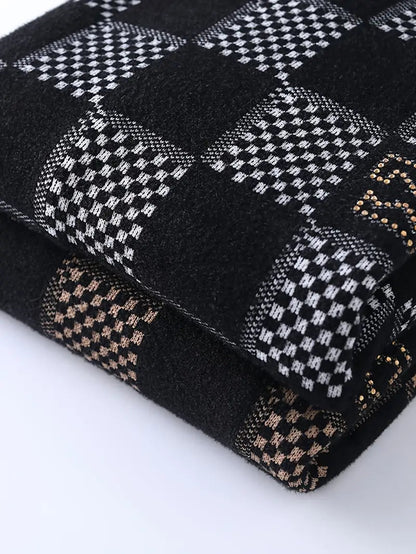 Geometric Checkered Knit Sweater – Black Patterned Crewneck Pullover