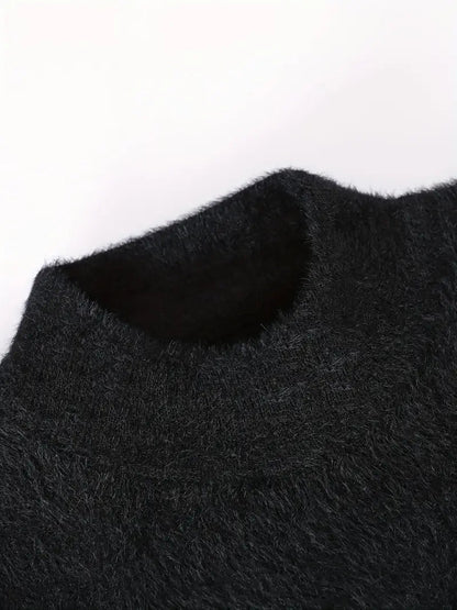 Textured Knit Sweater – Black Contrast Sleeve Crewneck Pullover