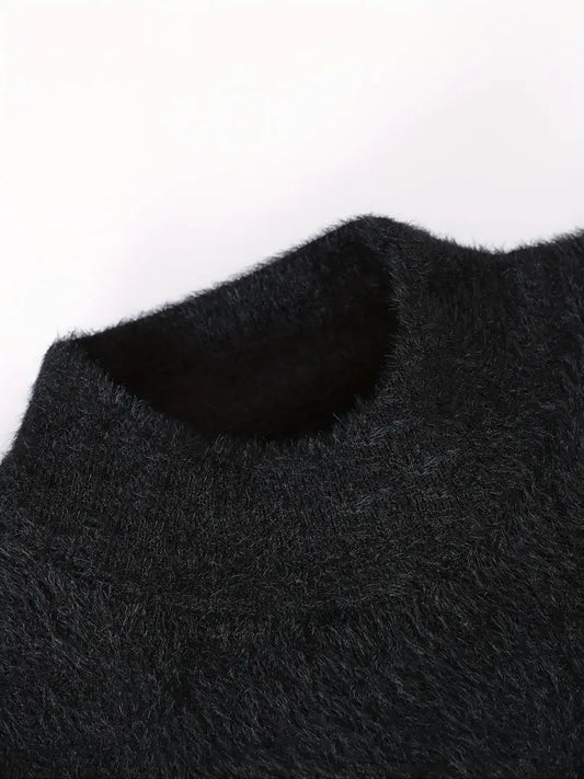 Textured Knit Sweater – Black Contrast Sleeve Crewneck Pullover