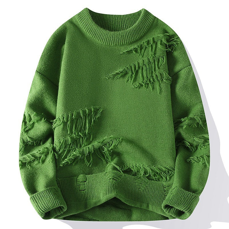 Men’s Distressed Knit Sweater – Green Textured Crewneck Pullover