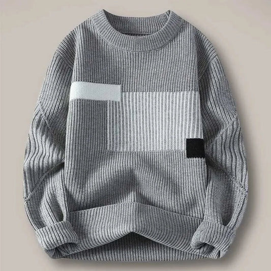 Men’s Grey Patchwork Knit Sweater – Modern Crewneck Winter Pullover