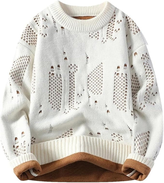 Men’s Distressed Knit Sweater – White Textured Crewneck Winter Pullover